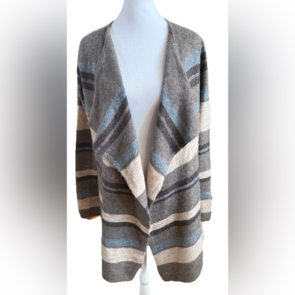 REBECCA ELLIOTT Wool Blend Mid Length Striped Waterfall Sweater Cardigan Small - Picture 1 of 8